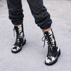 Myra Black and White Cowhide Pony Hair Lace Up Combat Boots NWOB